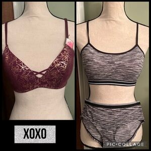 XOXO Burgundy Push Up Bra & Black Gray Bralette Set